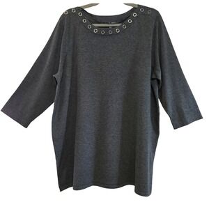 Cable & Gauge Woman 1X Charcoal Grommet Neck 3/4 Sleeve Knit Sweater Tunic New